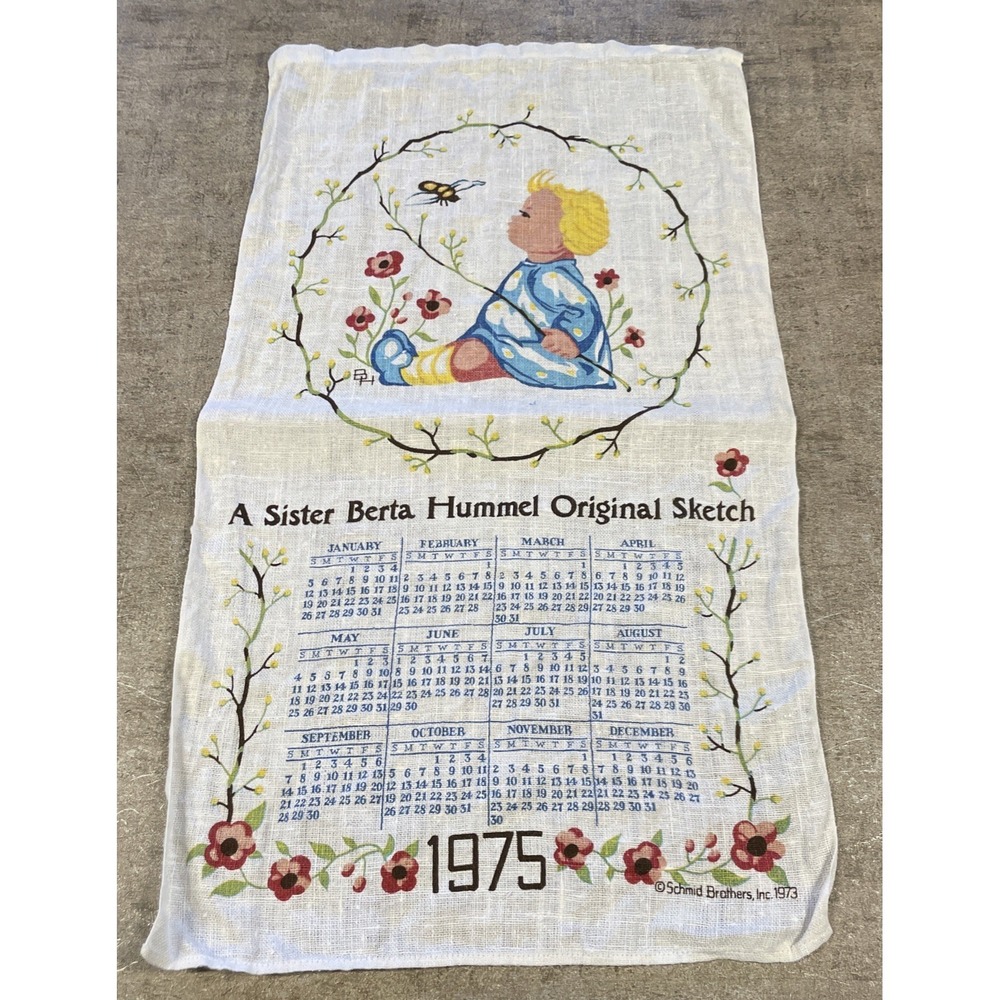Vintage LINEN Kitchen TOWEL‎ FABRIC 1975 BERTA HUMMEL Girl&Honeybee Calendar NOS